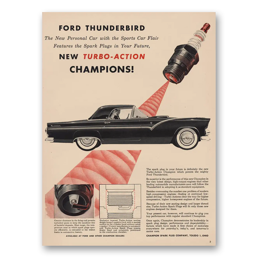 1955 Champion Spark Plugs Ford Thunderbird Vintage Magazine Print Ad