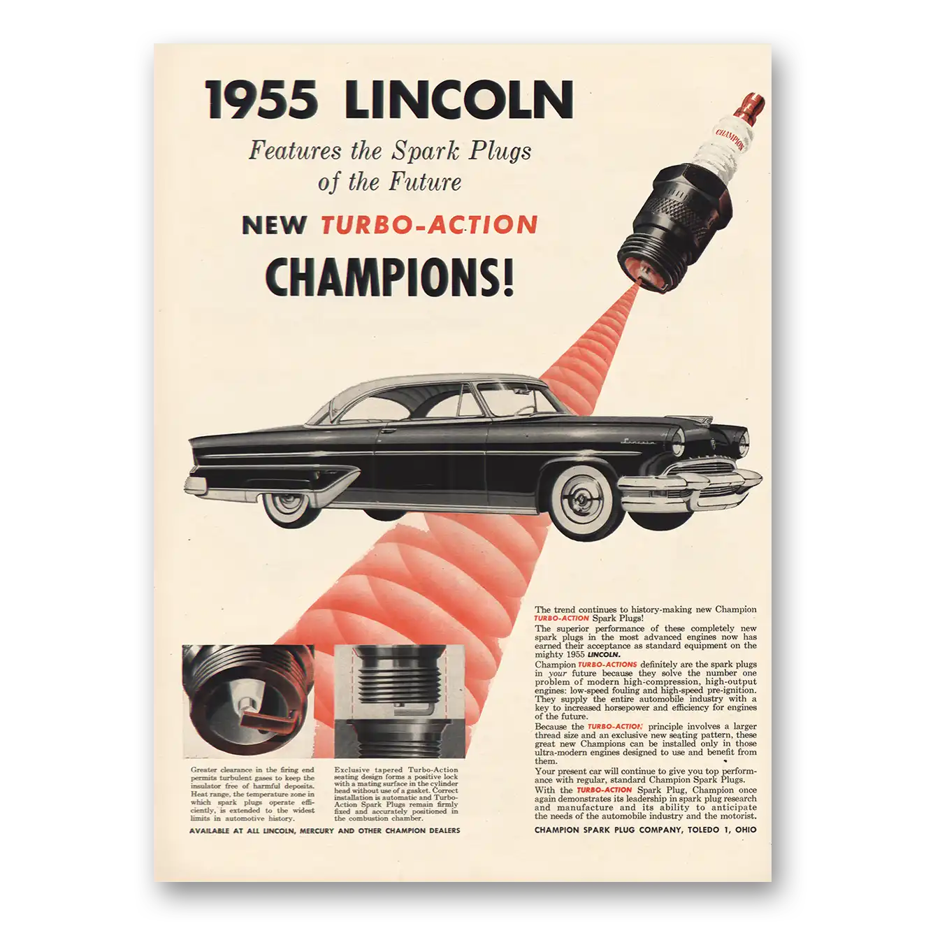 1955 Champion Spark Plugs Lincoln Vintage Magazine Print Ad