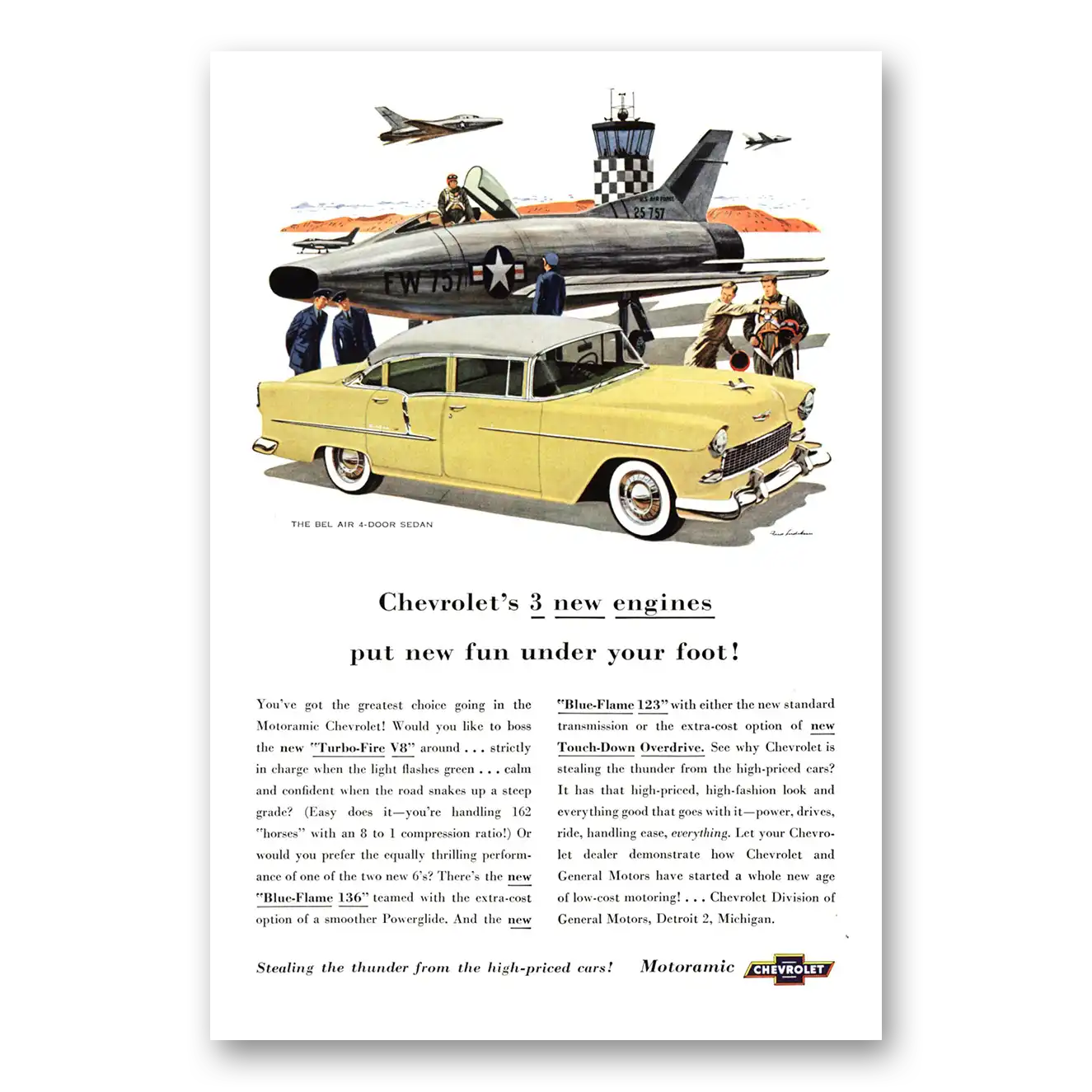 1955 Chevrolet Bel Air Air Force Jet 3 New Engines Vintage Magazine Print Ad