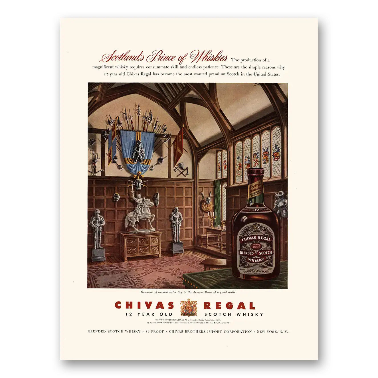 1955 Chivas Regal Armour Room Great Castle Vintage Magazine Print Ad