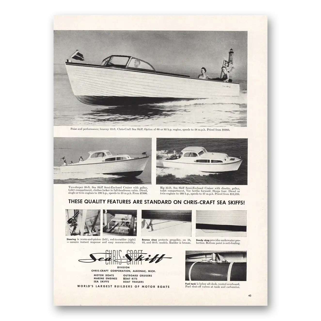 1955 Chris Craft Sea Skiff Quality Features Standard Vintage Magazine Print Ad