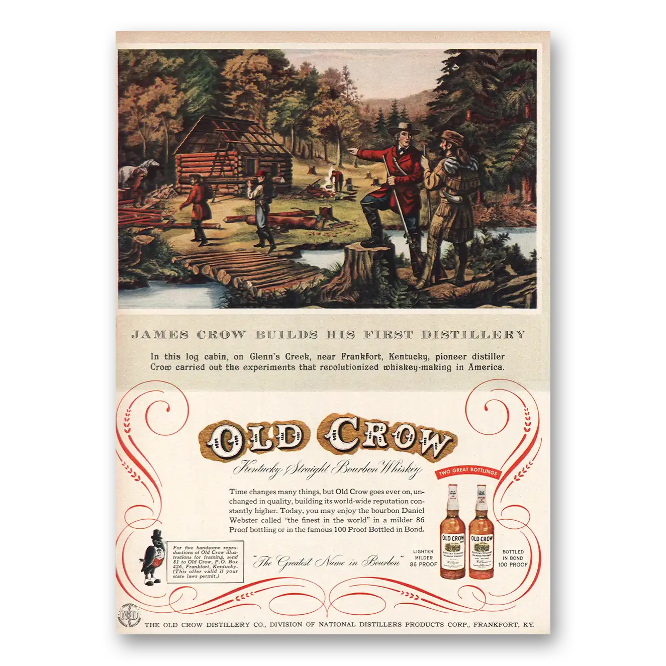 1955 Old Crow First Distillery Log Cabin Frankfort Kentucky Vintage Magazine Print Ad