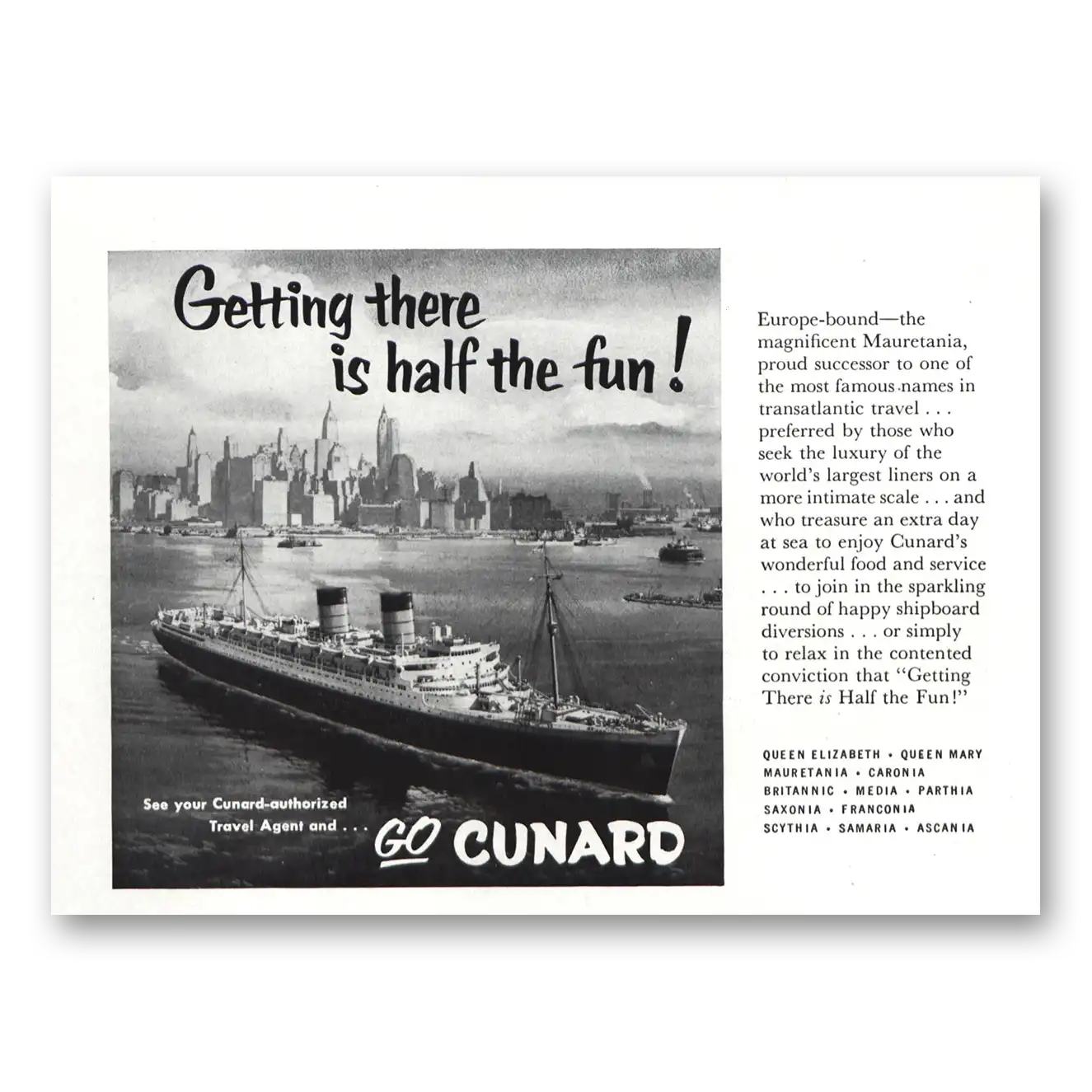 1955 Cunard Mauretania Skyline Vintage Magazine Print Ad