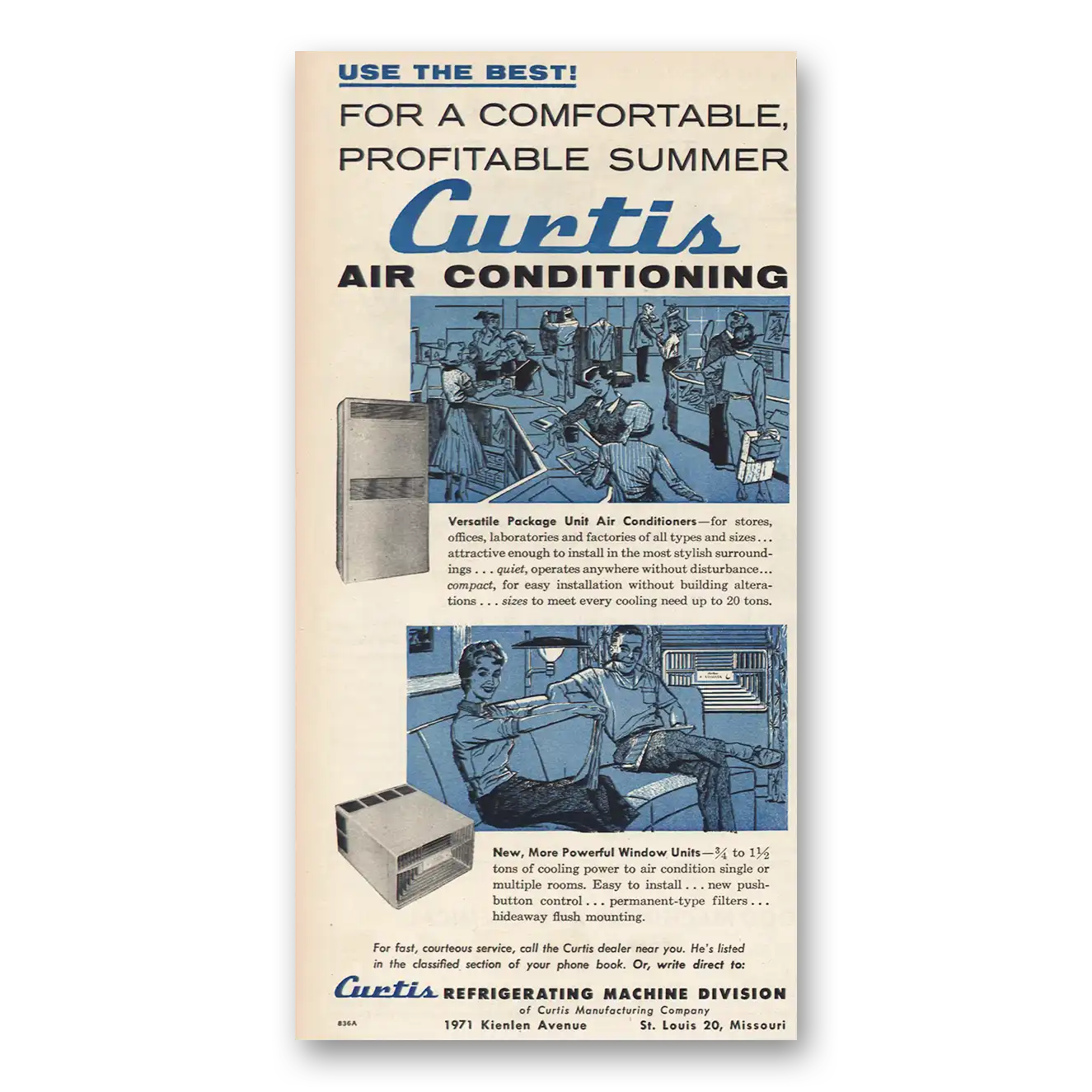 1955 Curtis Air Conditioner Comfortable Profitable Summer Vintage Magazine Print Ad