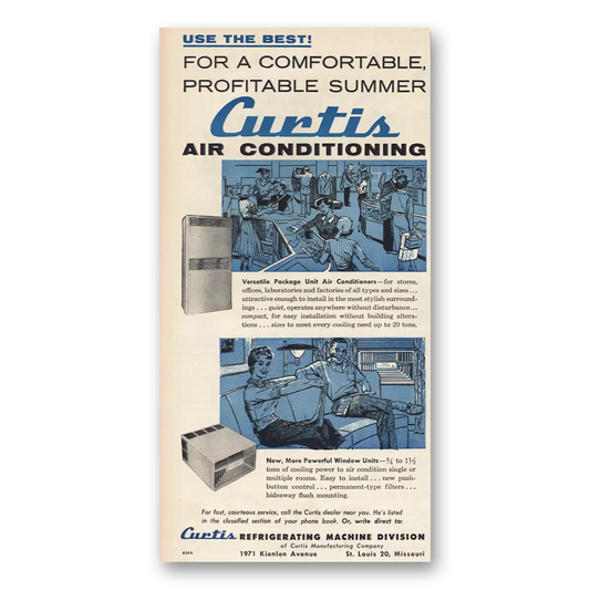 1955 Curtis Air Conditioner Comfortable Profitable Summer Vintage Magazine Print Ad