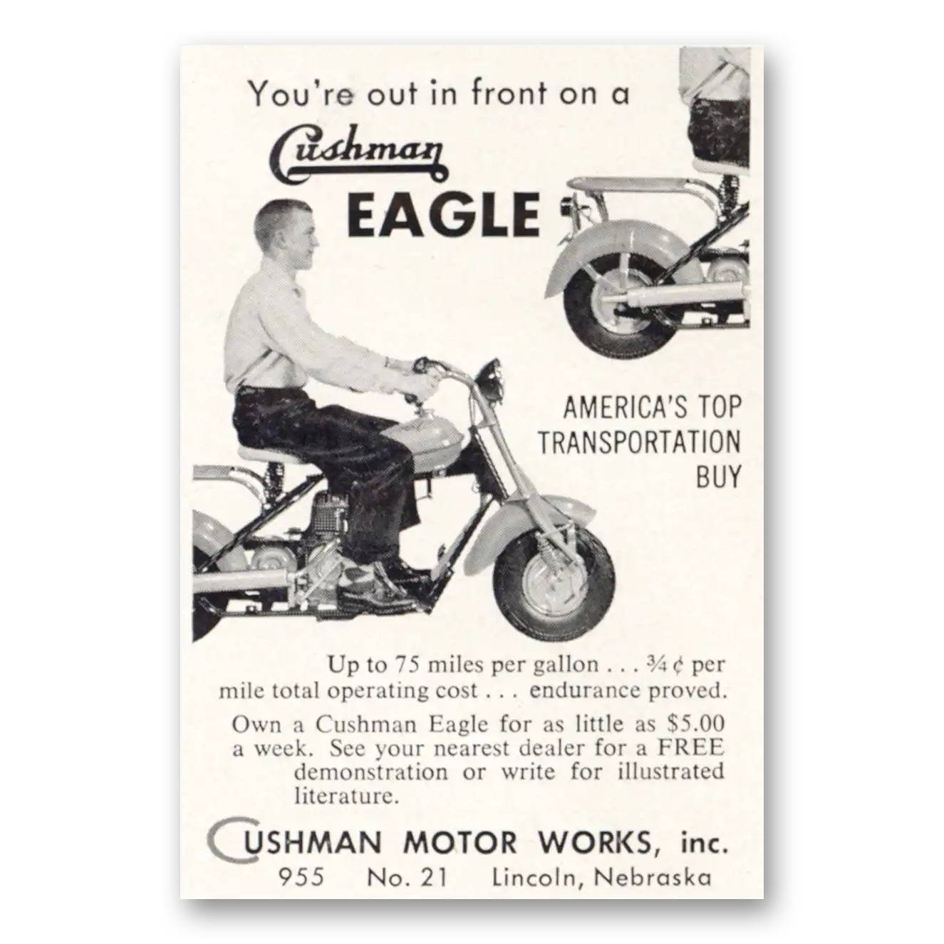 1955 Cushman Eagle Out in Front Vintage Magazine Print Ad