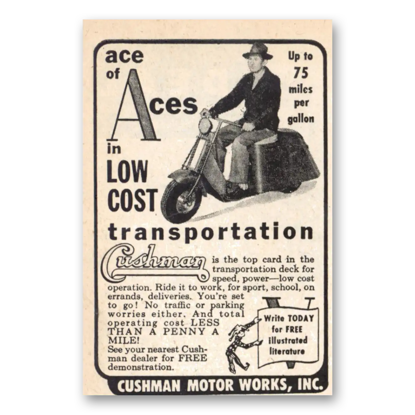 1955 Cushman Motors Ace of Aces Low Cost Transportation Vintage Magazine Print Ad