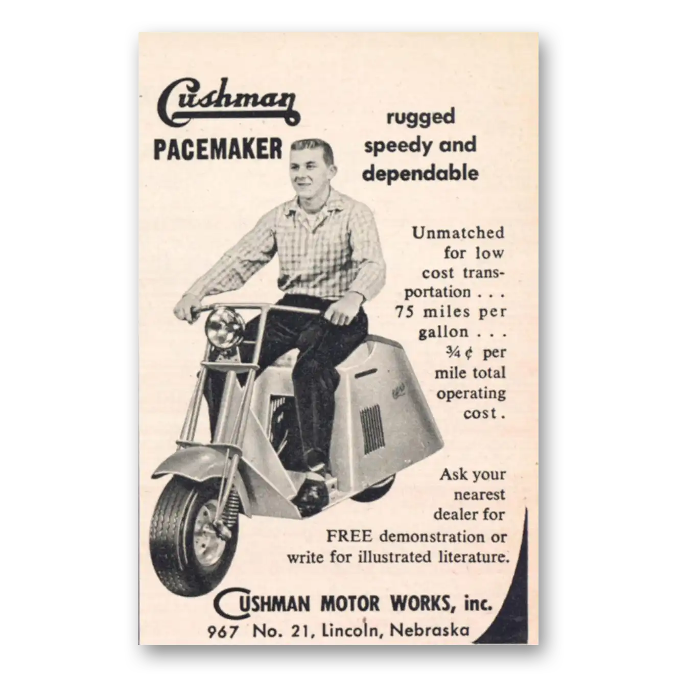 1955 Cushman Pacemaker Rugged Speedy Vintage Magazine Print Ad