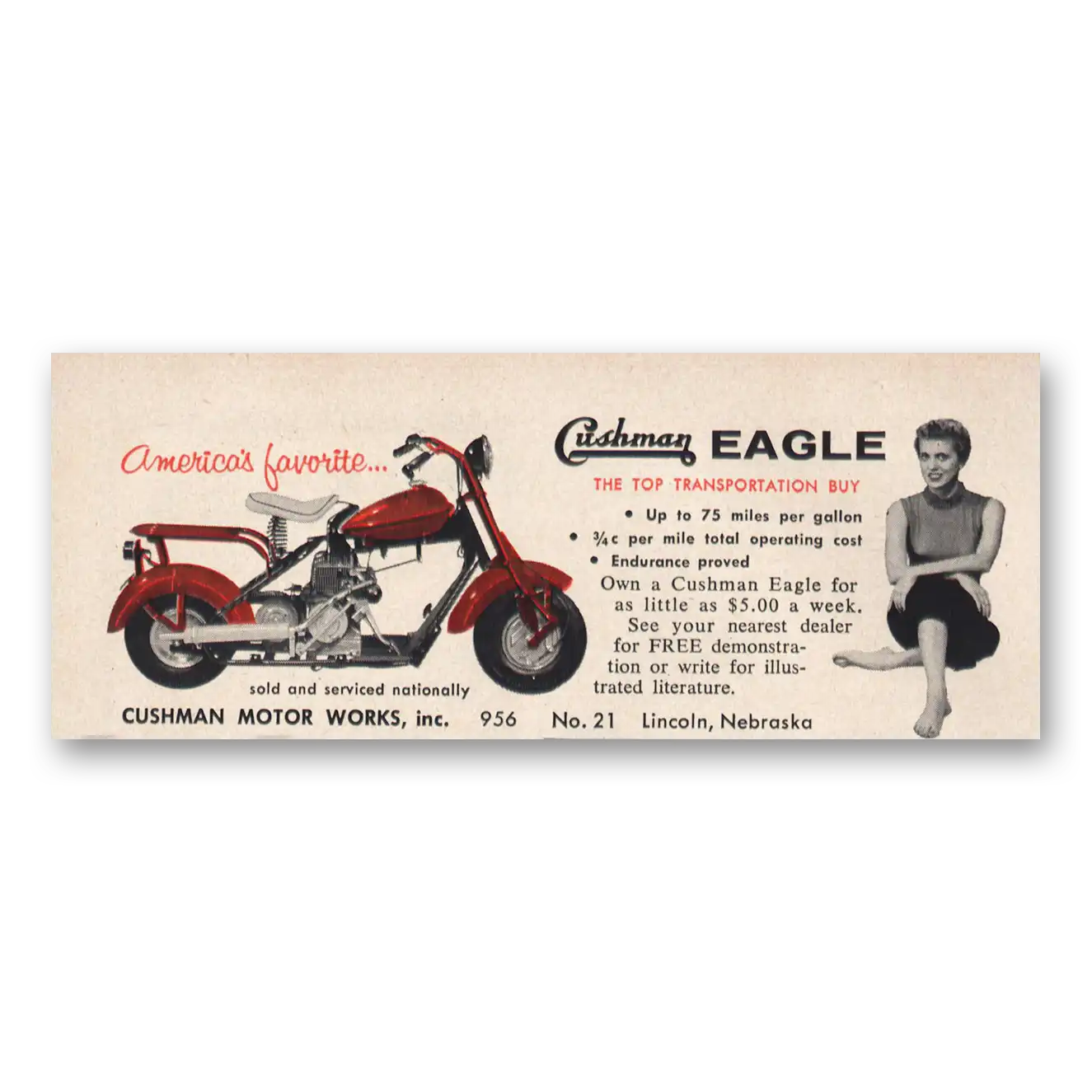 1955 Cushman Eagle Americas Favorite Vintage Magazine Print Ad