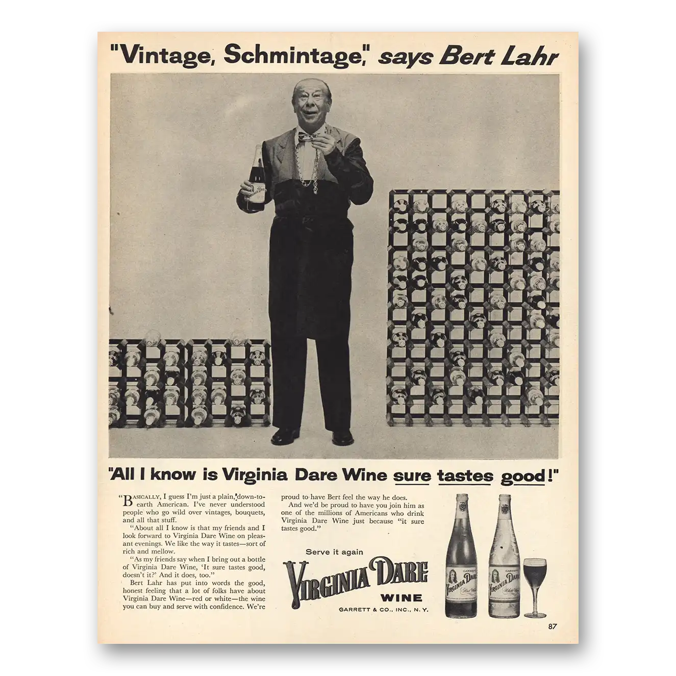 1955 Virginia Dare Wine Vintage Schmintage Bert Lahr Vintage Magazine Print Ad