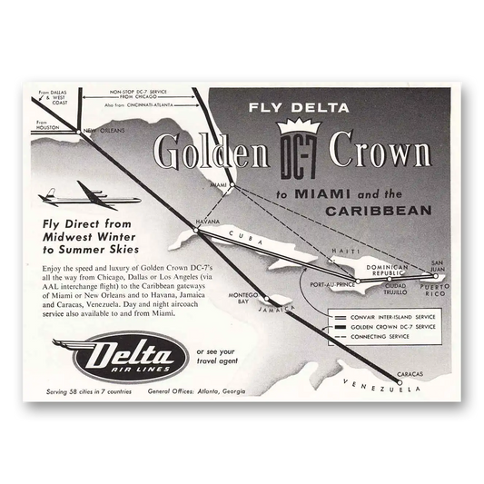 1955 Delta Air Lines Golden DC 7 Crown Vintage Magazine Print Ad