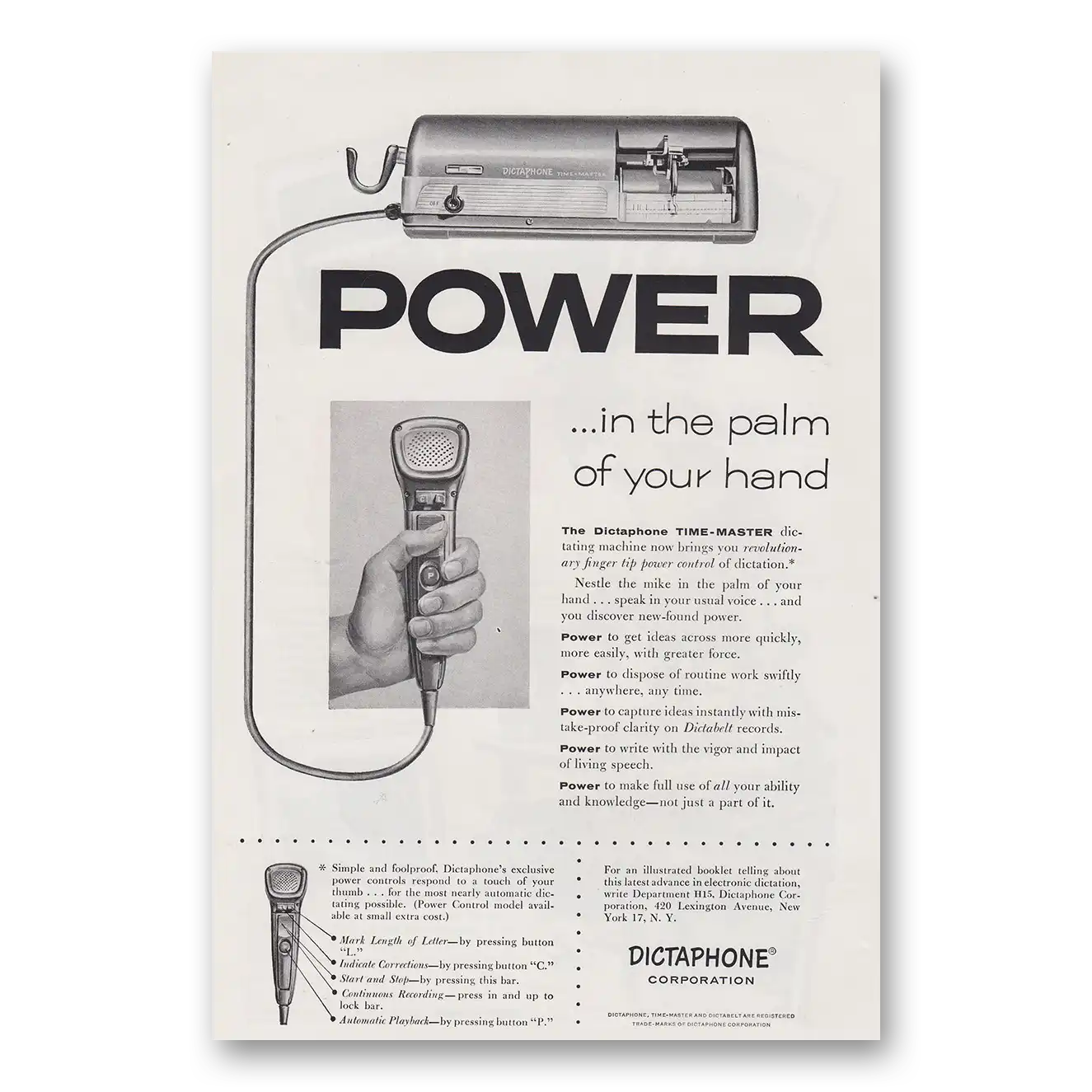 1955 Dictaphone Power In the Palm of Your Hand Vintage Magazine Print Ad