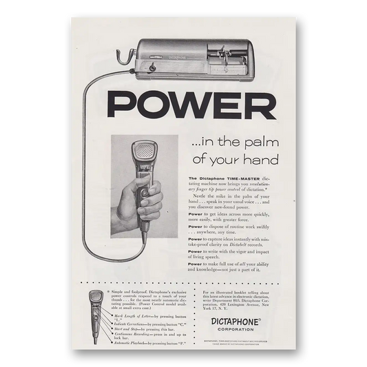 1955 Dictaphone Power In the Palm of Your Hand Vintage Magazine Print Ad