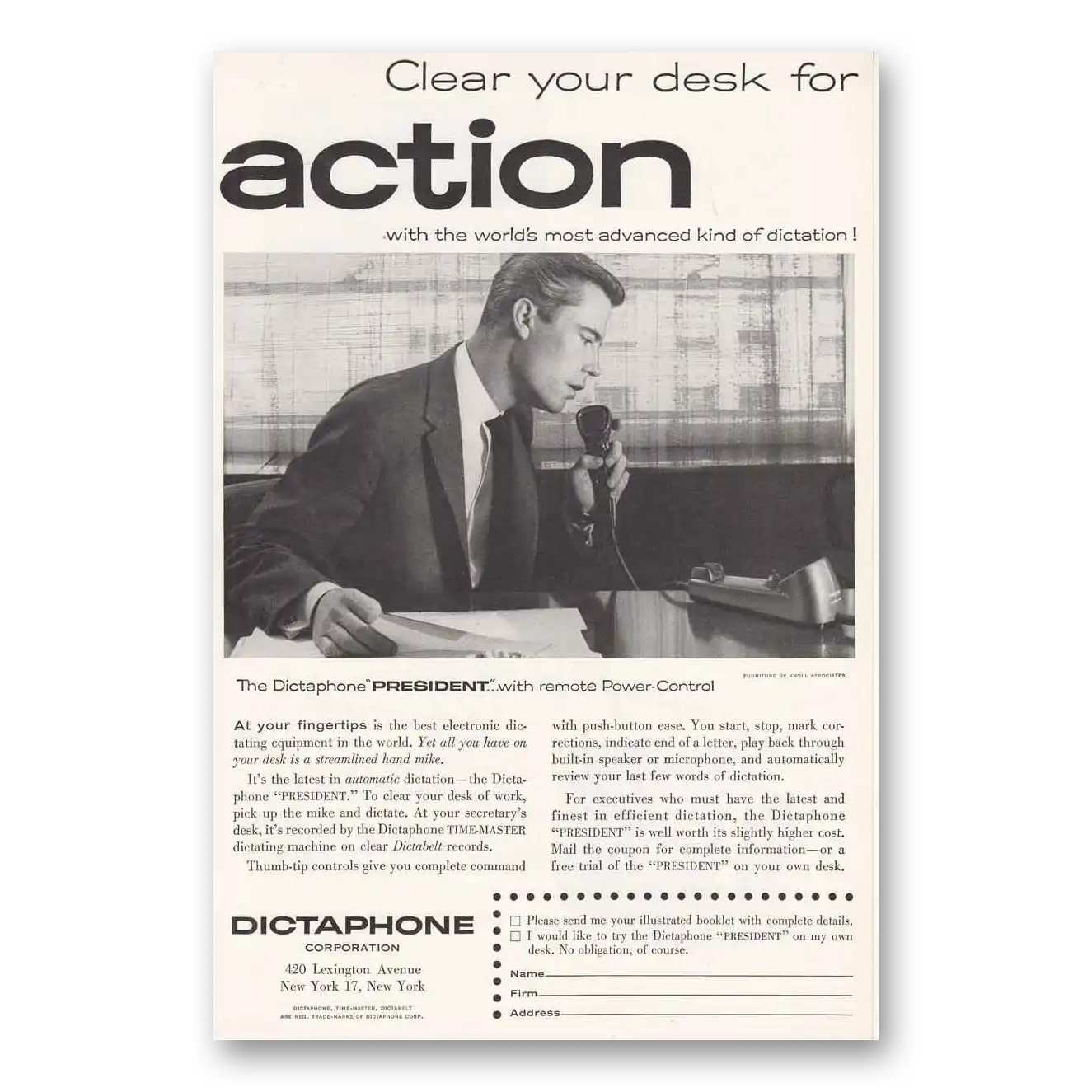 1955 Dictaphone Clear Your Desk for Action Dictaphone President Vintage Magazine Print Ad