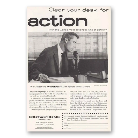 1955 Dictaphone Clear Your Desk for Action Dictaphone President Vintage Magazine Print Ad