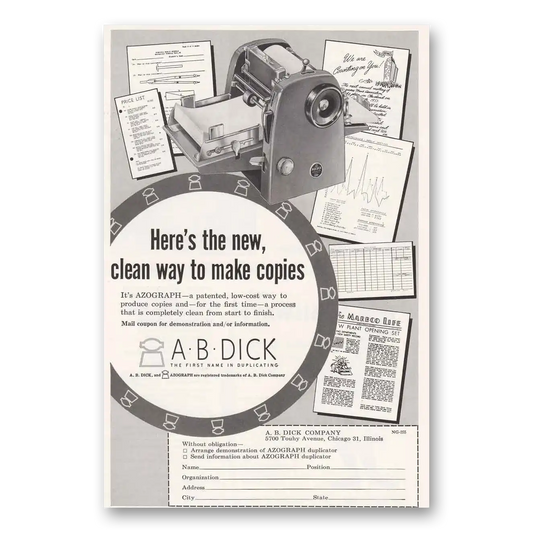 1955 AB Dick Azograph Clean Way to Make Copies Vintage Magazine Print Ad