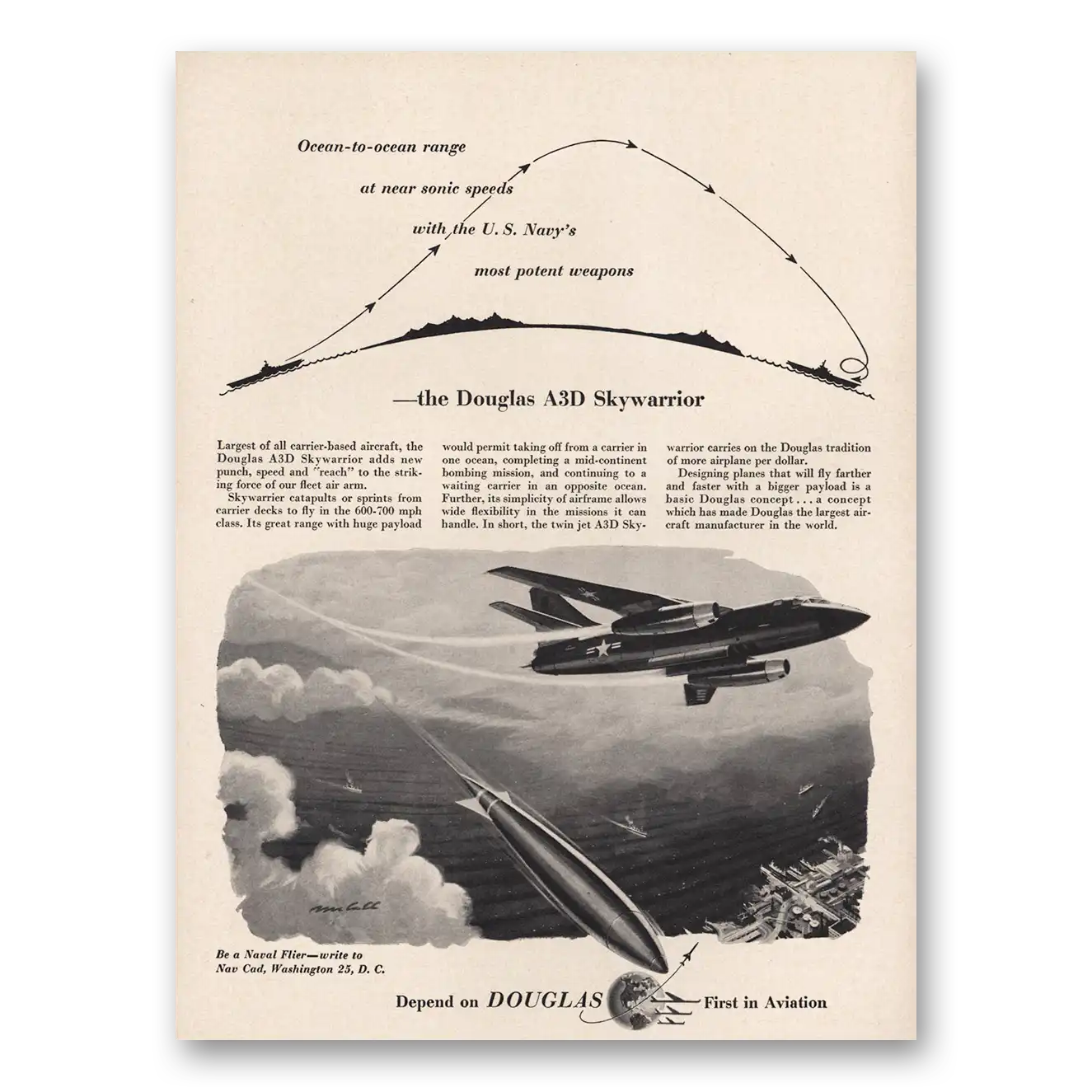 1955 Douglas Skywarrior A3D Skywarrior Ocean to Ocean Range Vintage Magazine Print Ad