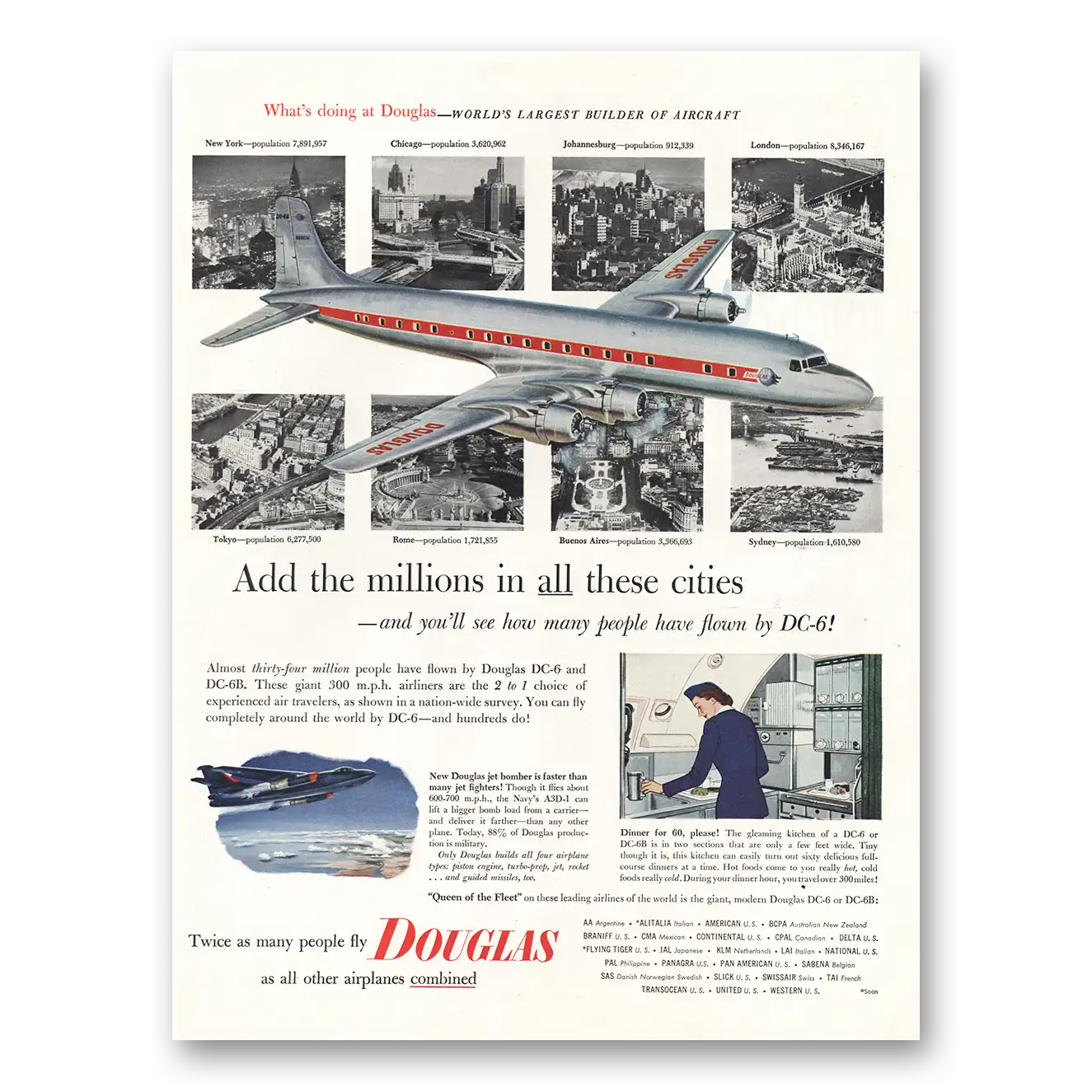 1953 Douglas Add the Millions In All These Cities Vintage Magazine Print Ad