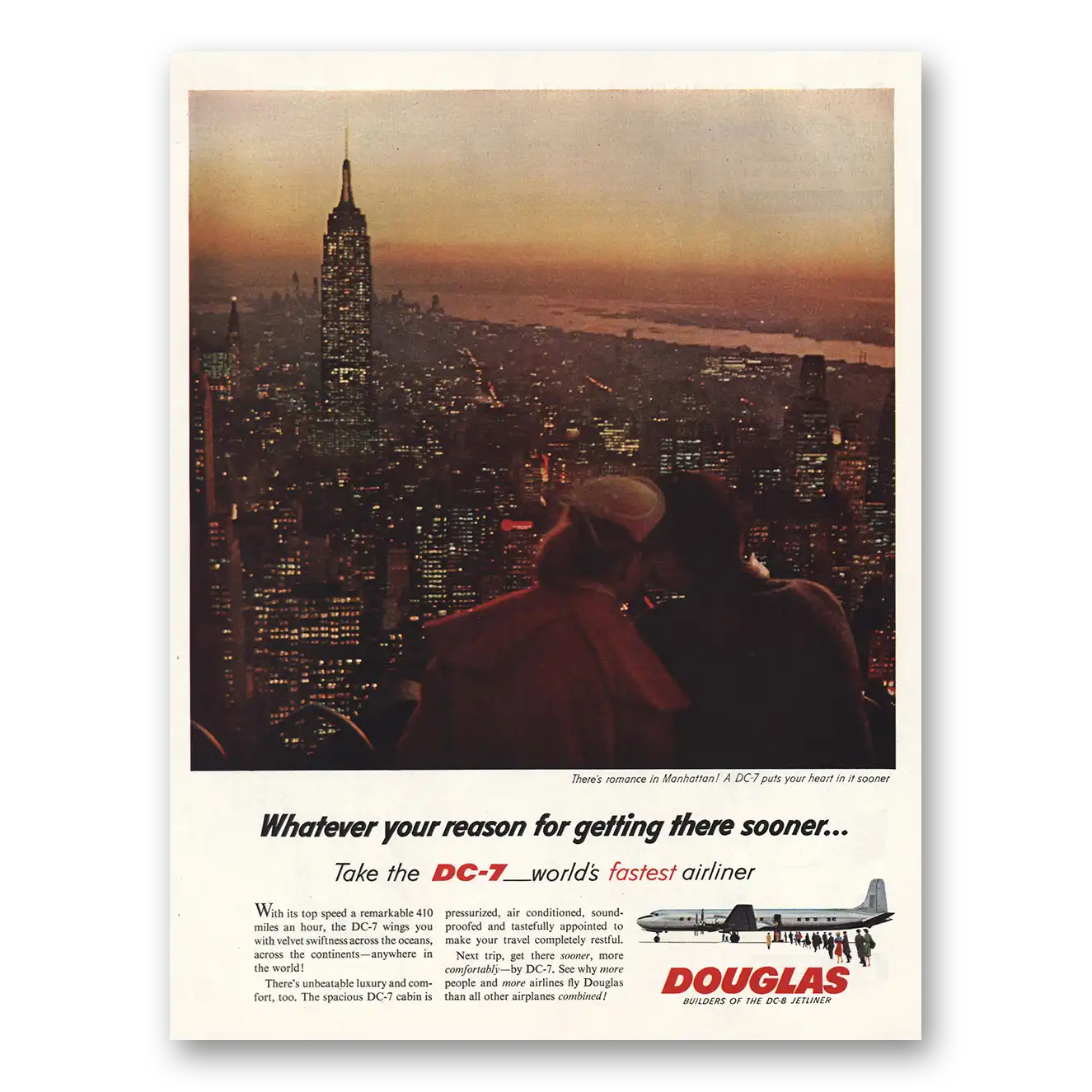 1955 Douglas Romance In Manhattan DC7 Vintage Magazine Print Ad