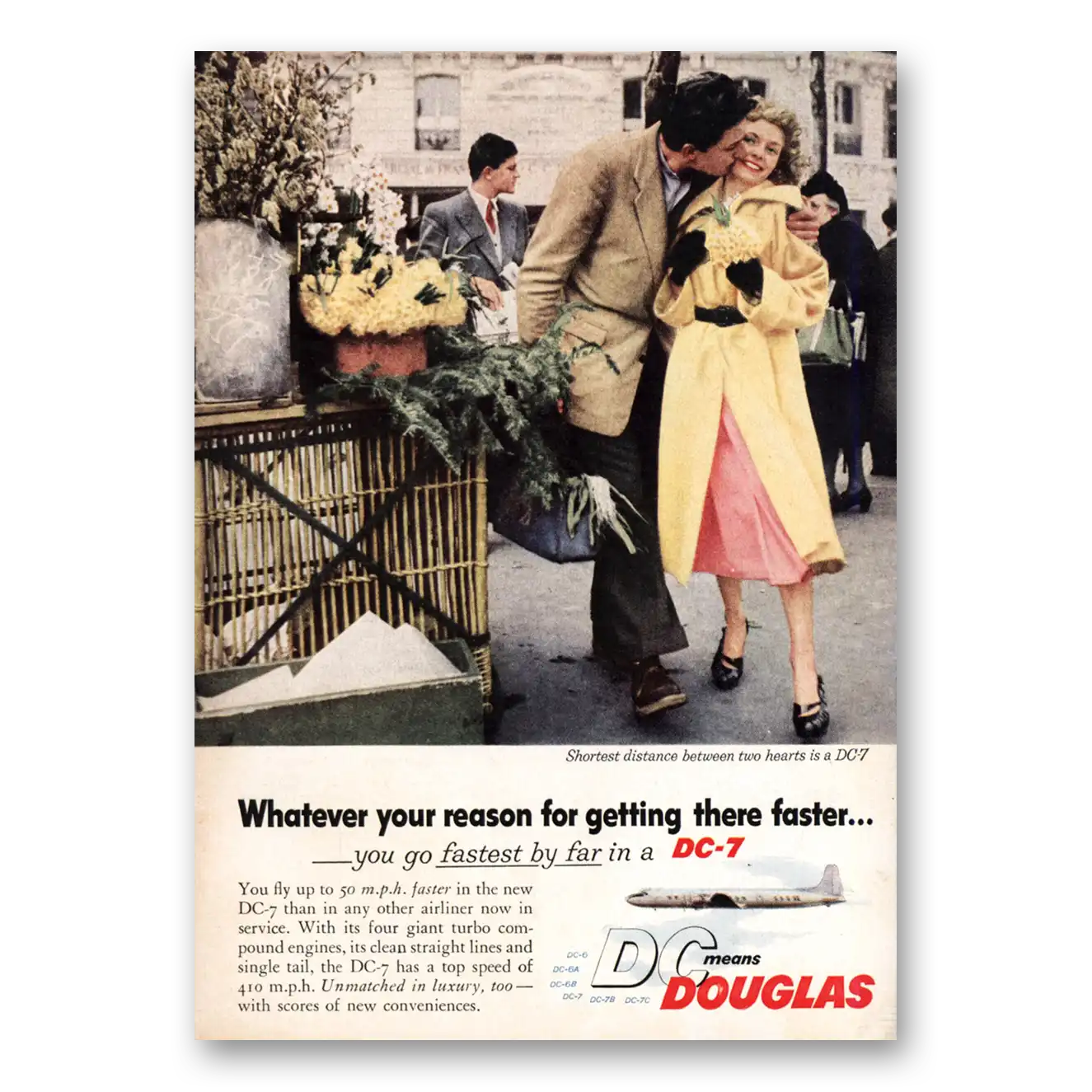 1955 Douglas DC7 Fly Up to 50 Mph Faster Vintage Magazine Print Ad