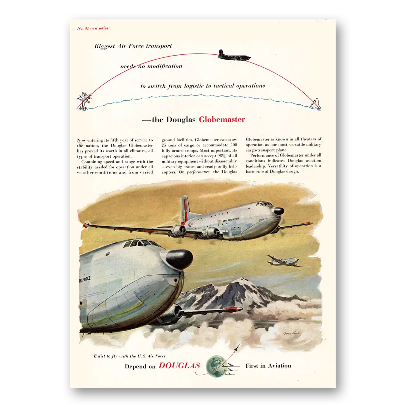 1955 Douglas Globemaster Biggest Air Force Transport Vintage Magazine Print Ad