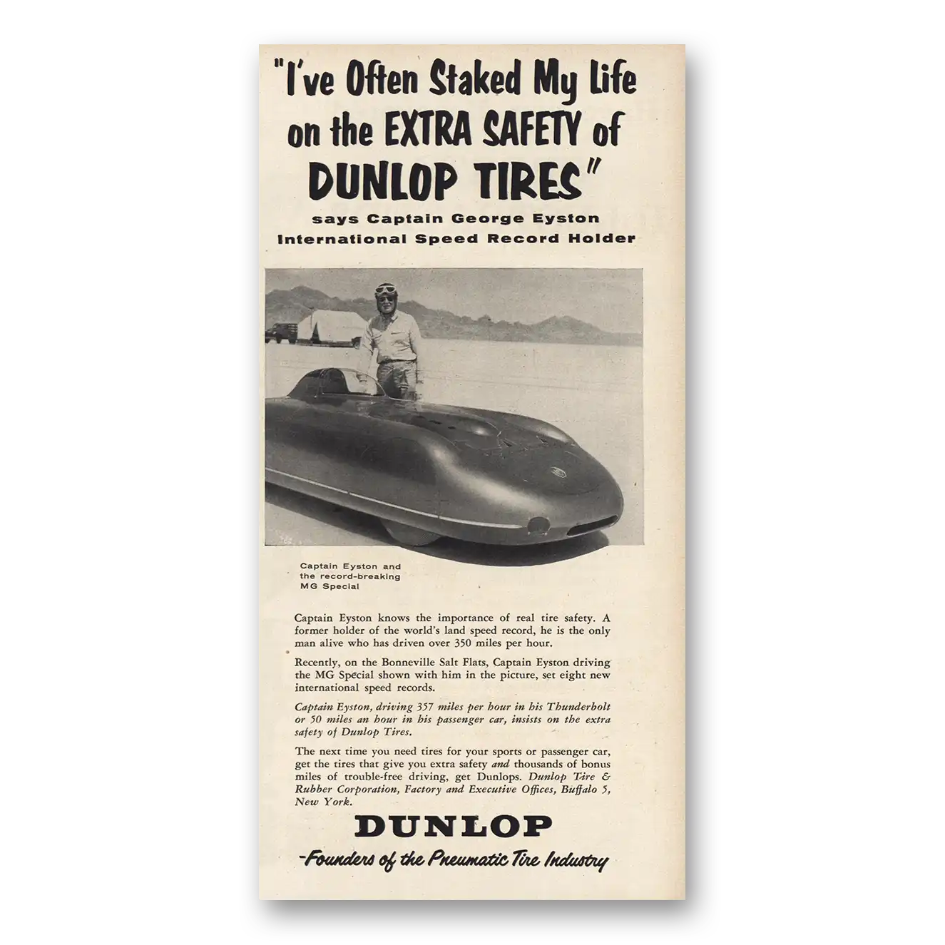 1955 Dunlop Tires Captain George Eyston Vintage Magazine Print Ad