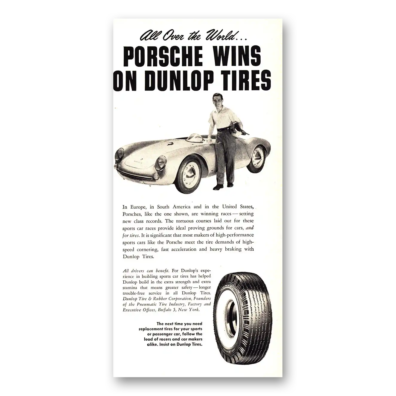 1955 Dunlop Tires Porsche Wins Vintage Magazine Print Ad