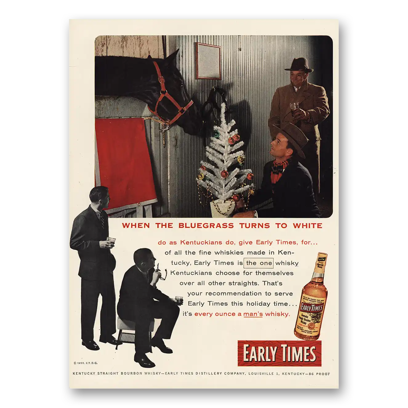 1955 Early Times Distillery Bluegrass Turns to White Vintage Magazine Print Ad