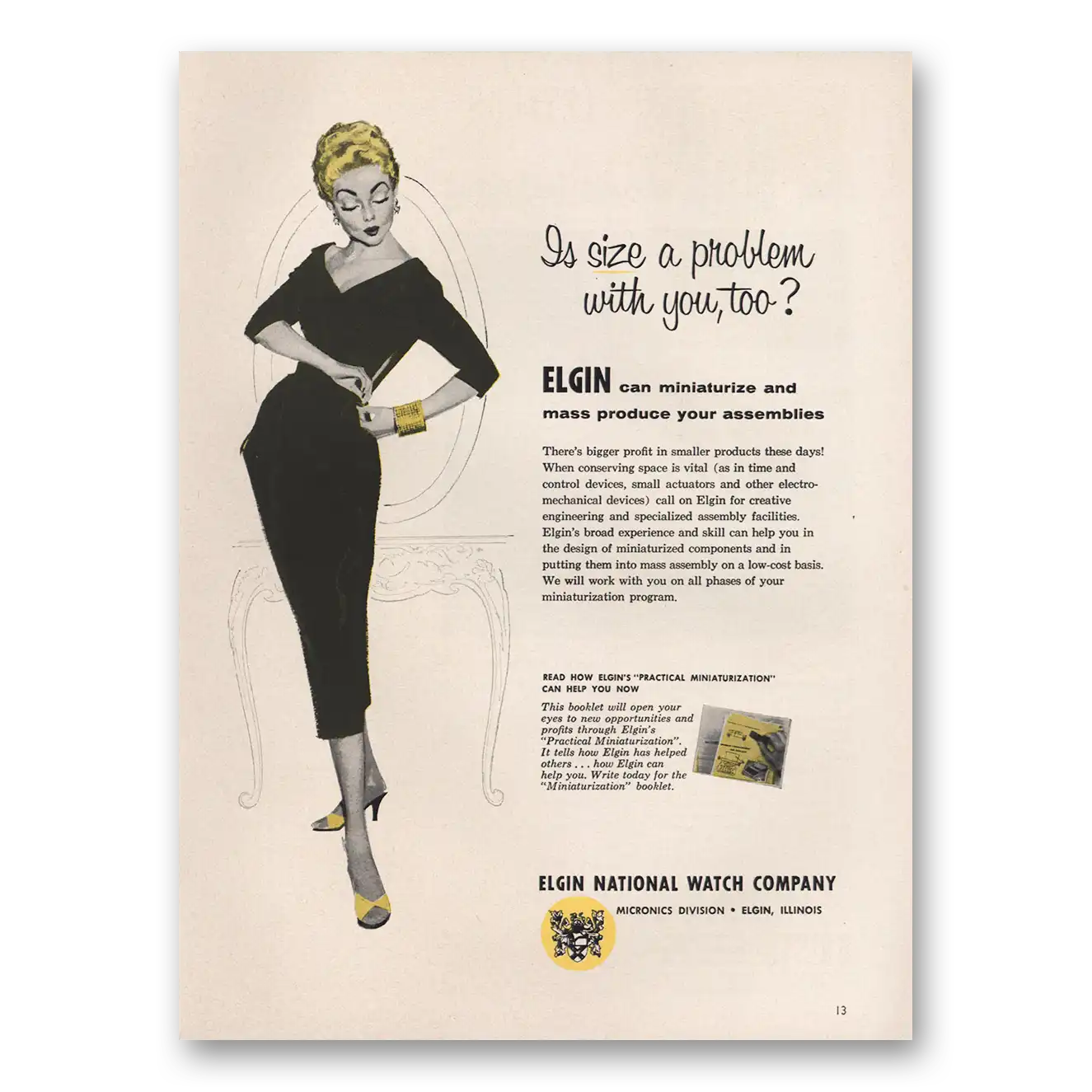 1955 Elgin Watch Size a Problem With You Vintage Magazine Print Ad