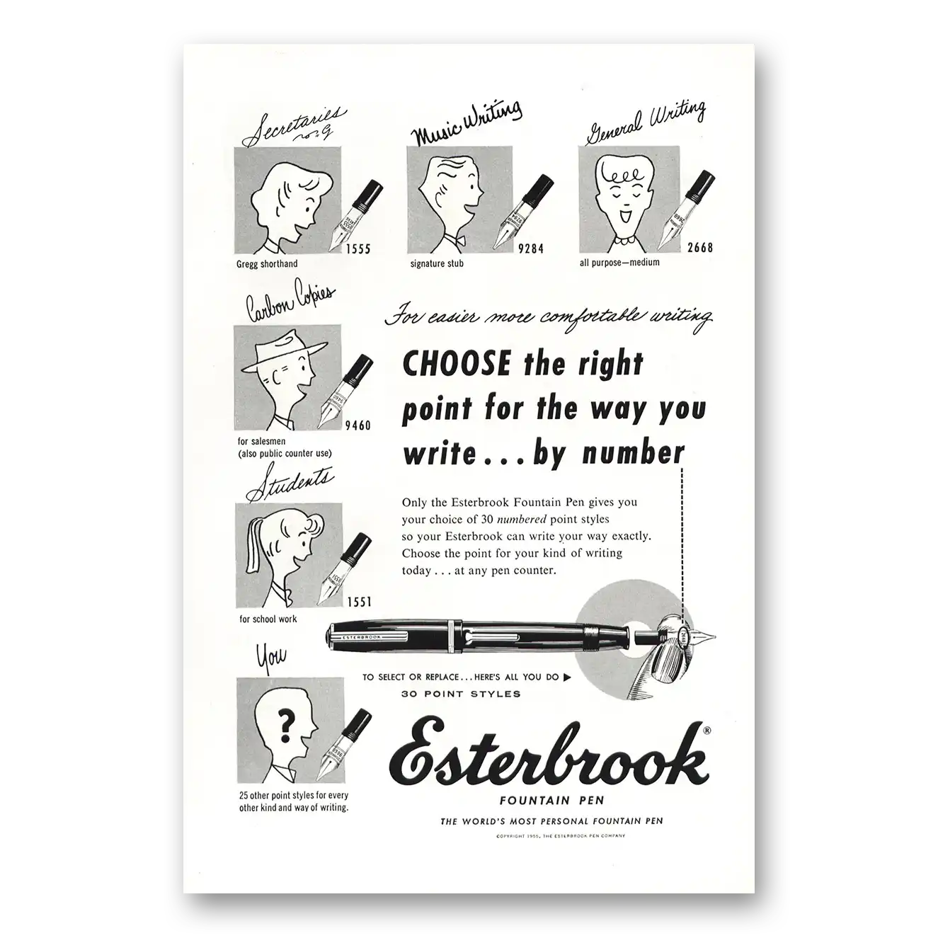 1955 Esterbrook Fountain Pen Choose the Right Point Vintage Magazine Print Ad