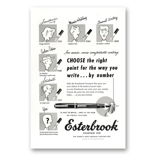 1955 Esterbrook Fountain Pen Choose the Right Point Vintage Magazine Print Ad