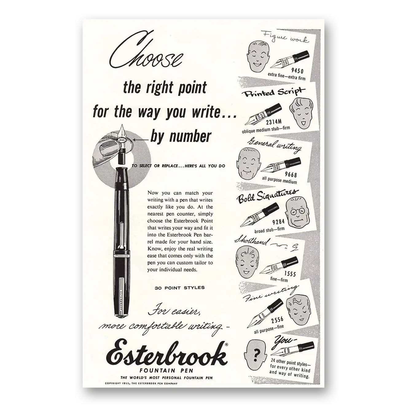 1955 Esterbrook Fountain Pen Choose the Right Point Vintage Magazine Print Ad