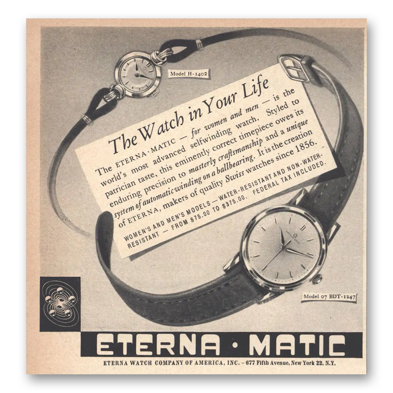 1955 Eterna Watch In Your Life Vintage Magazine Print Ad