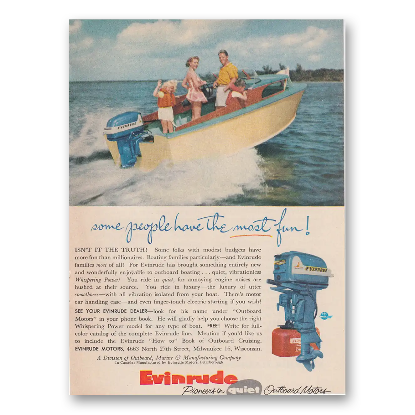 1955 Evinrude Some People Have the Most Fun Vintage Magazine Print Ad