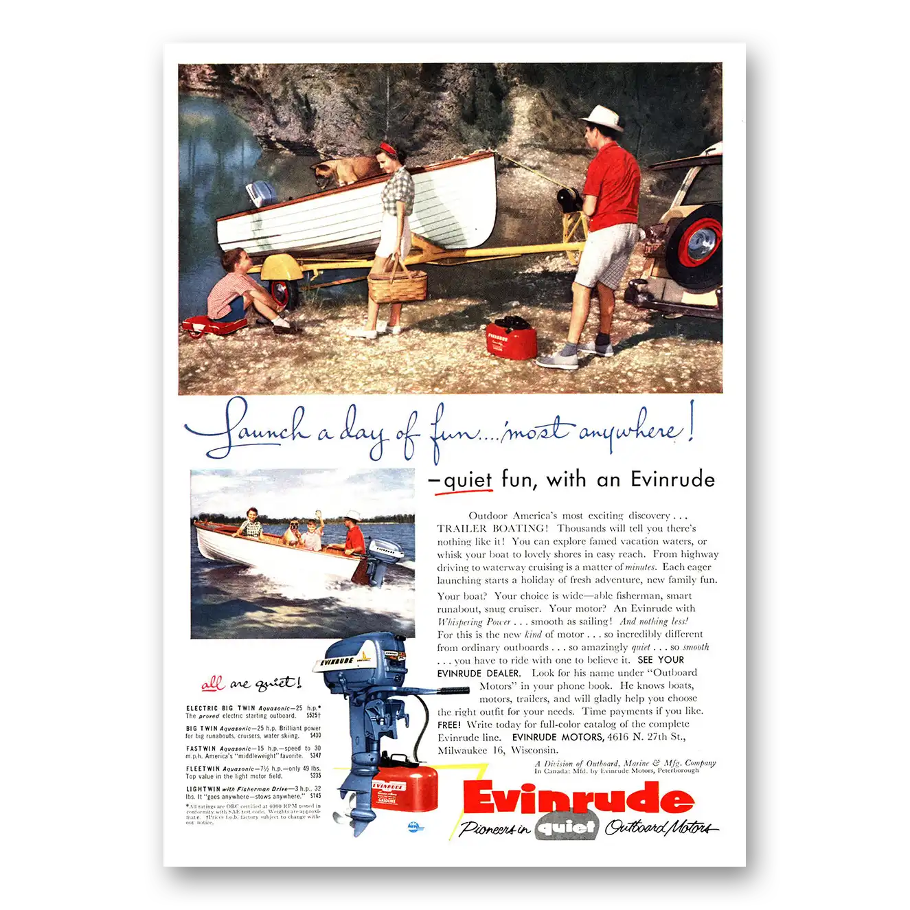 1955 Evinrude Launch a Day of Fun Vintage Magazine Print Ad