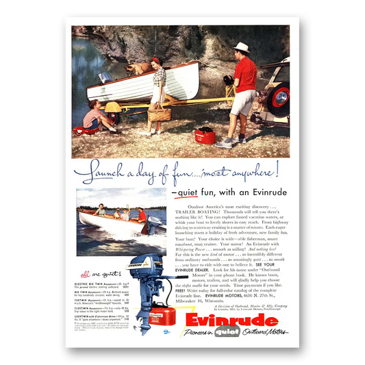 1955 Evinrude Launch a Day of Fun Vintage Magazine Print Ad