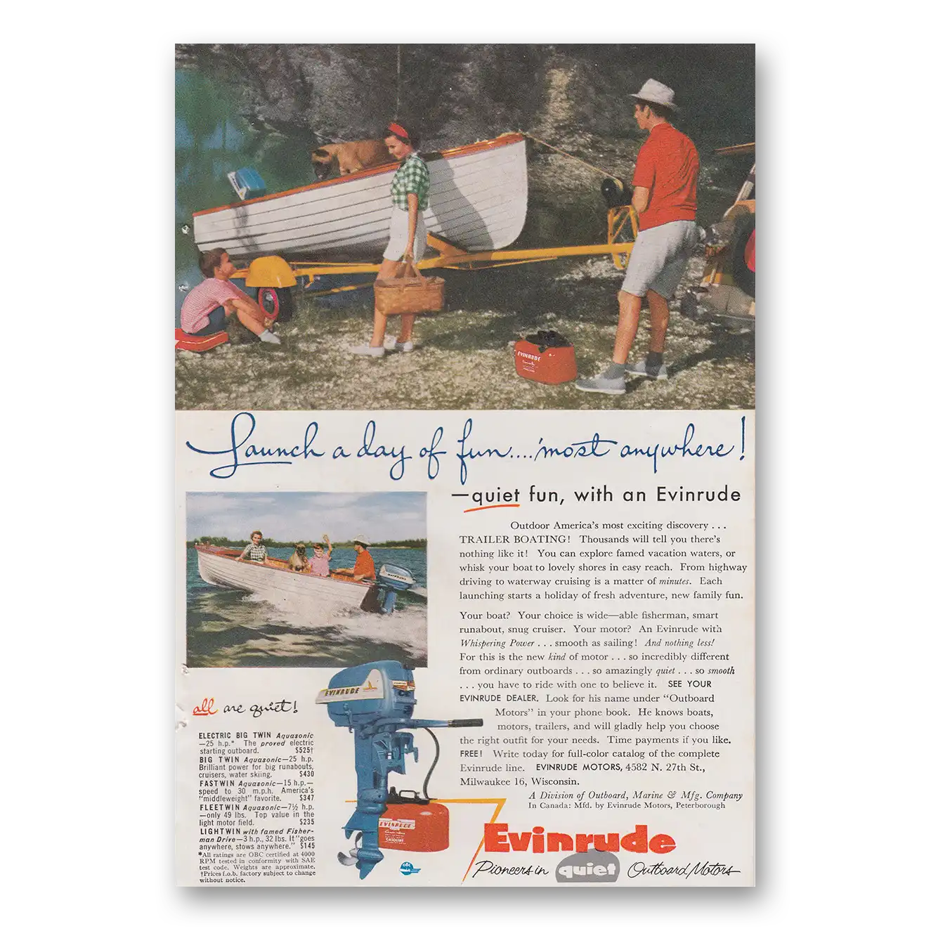 1955 Evinrude Launch a Day of Fun Vintage Magazine Print Ad