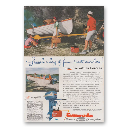 1955 Evinrude Launch a Day of Fun Vintage Magazine Print Ad