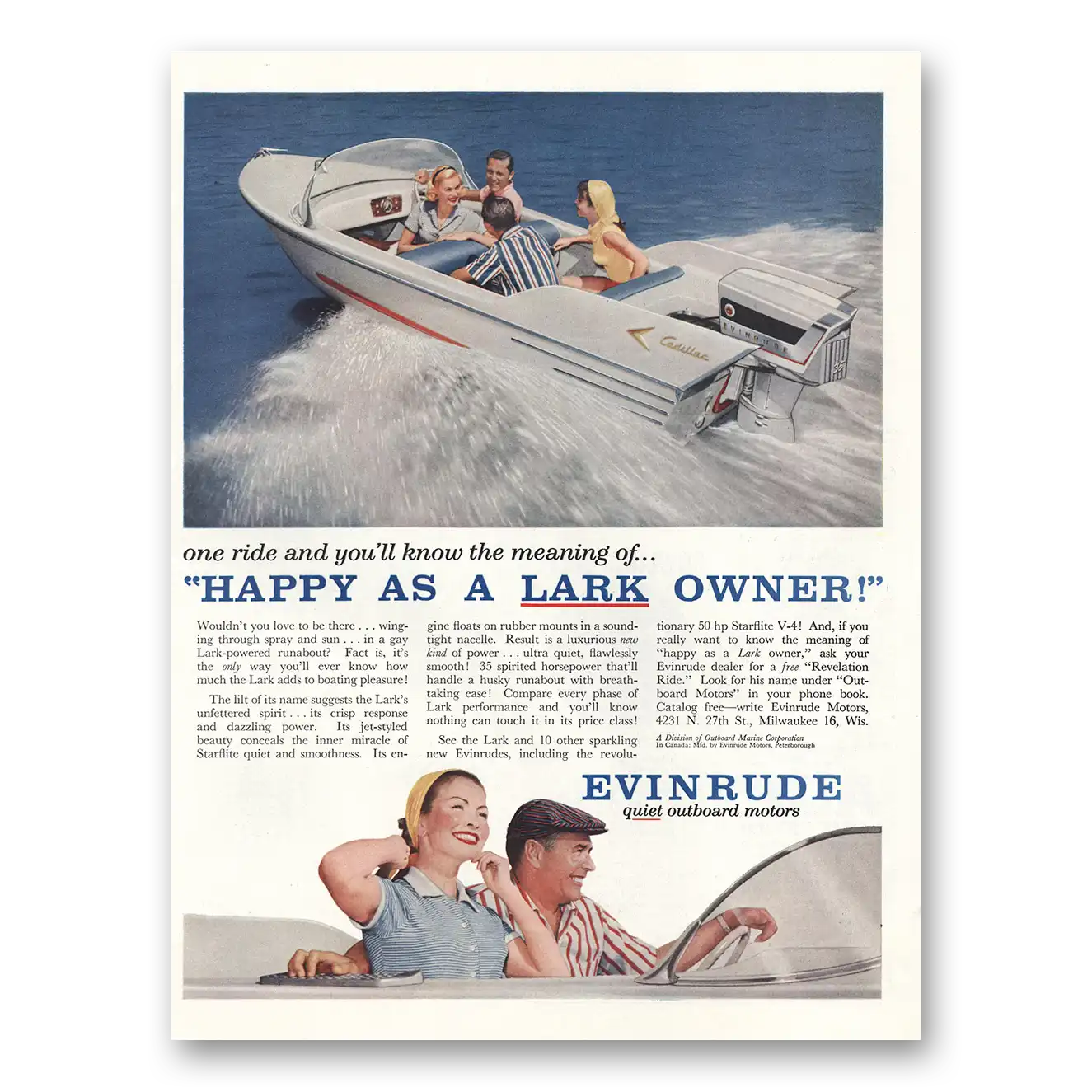 1955 Evinrude Happy As Lark Owner Vintage Magazine Print Ad