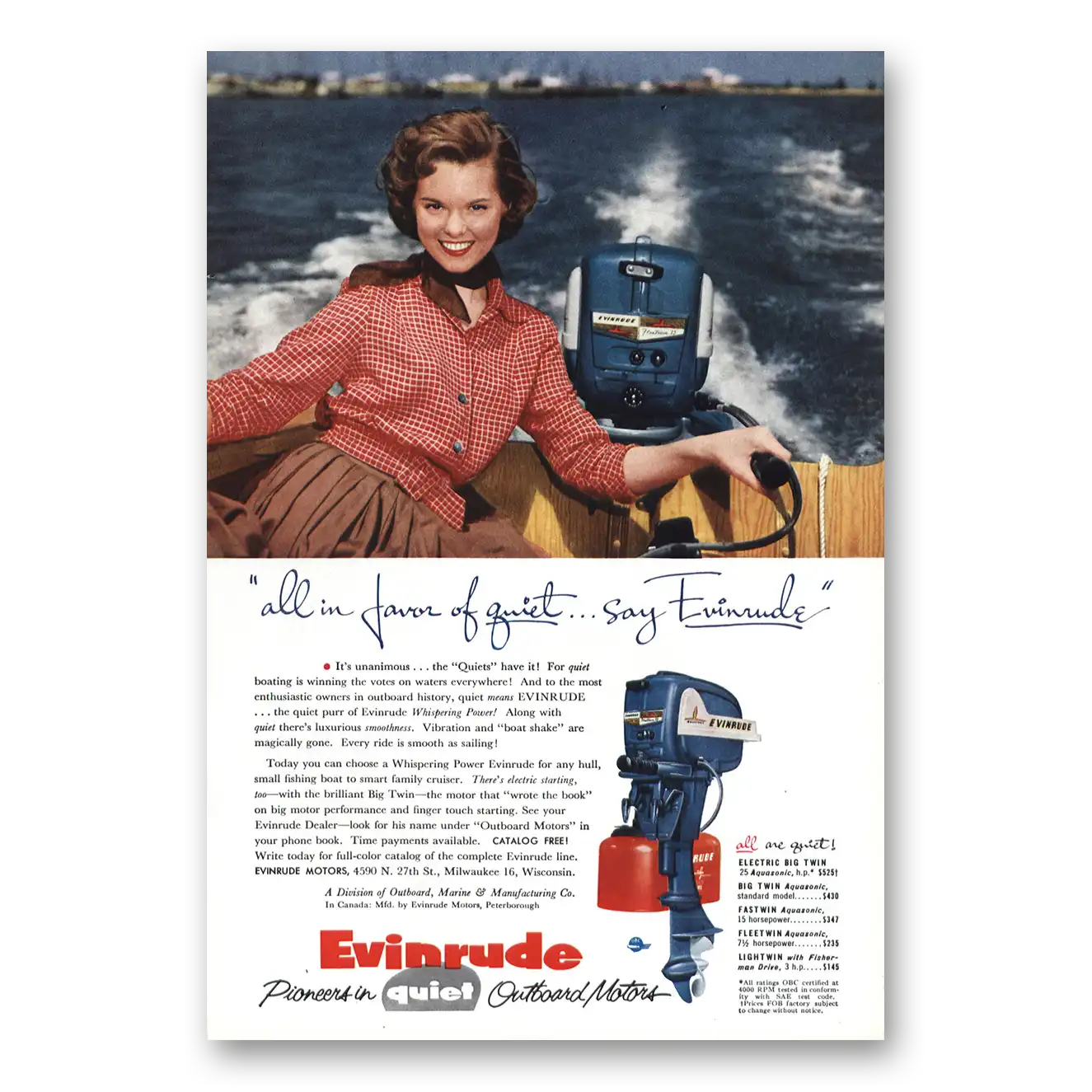 1955 Evinrude Outboard Motors All in Favor of Quiet Vintage Magazine Print Ad