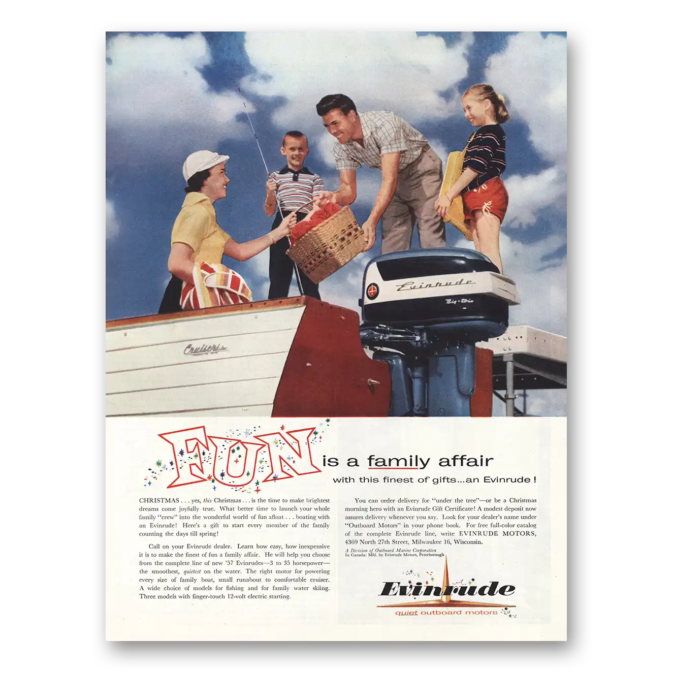 1955 Evinrude Fun Is Family Affair Vintage Magazine Print Ad