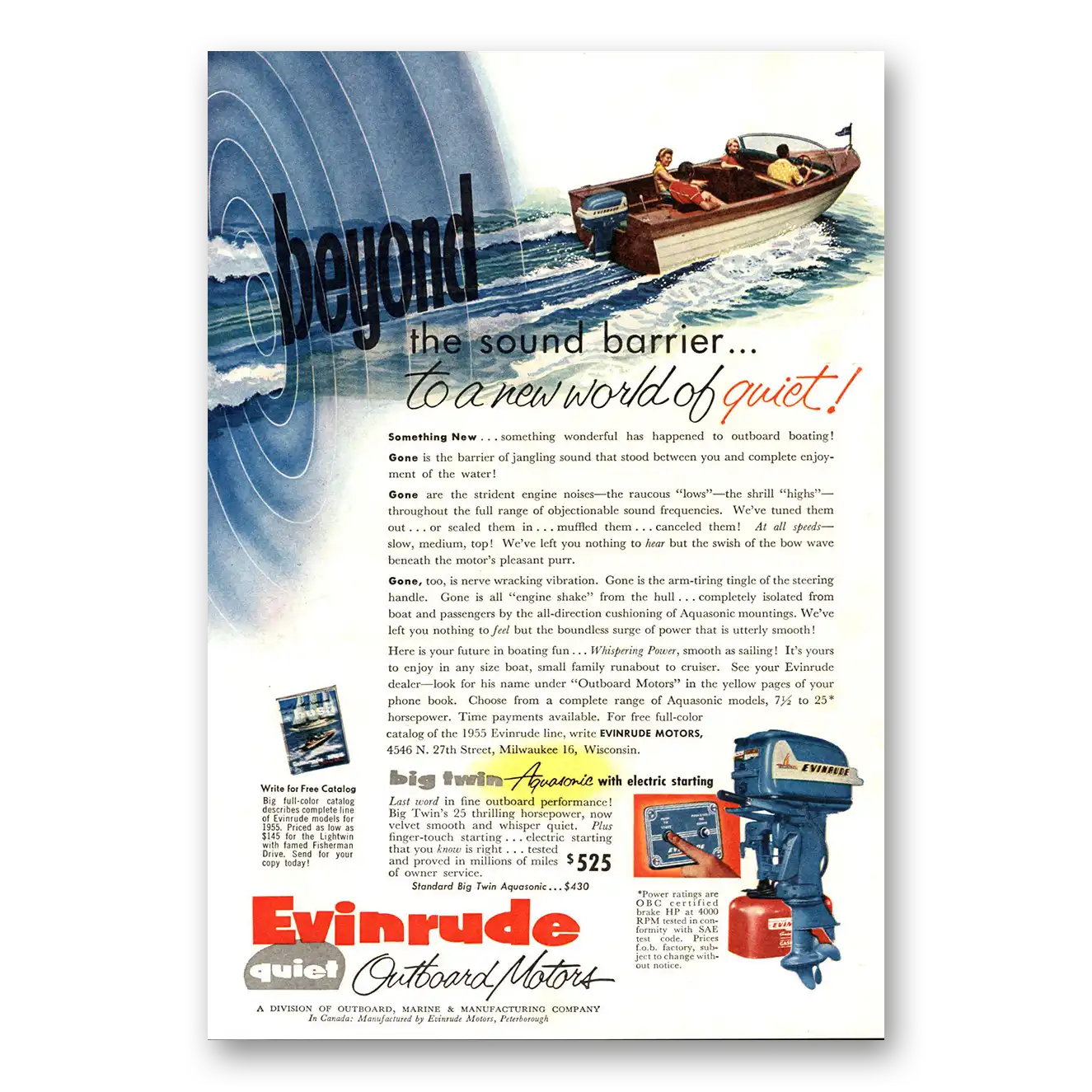 1955 Evinrude Beyond the Sound Barrier Vintage Magazine Print Ad