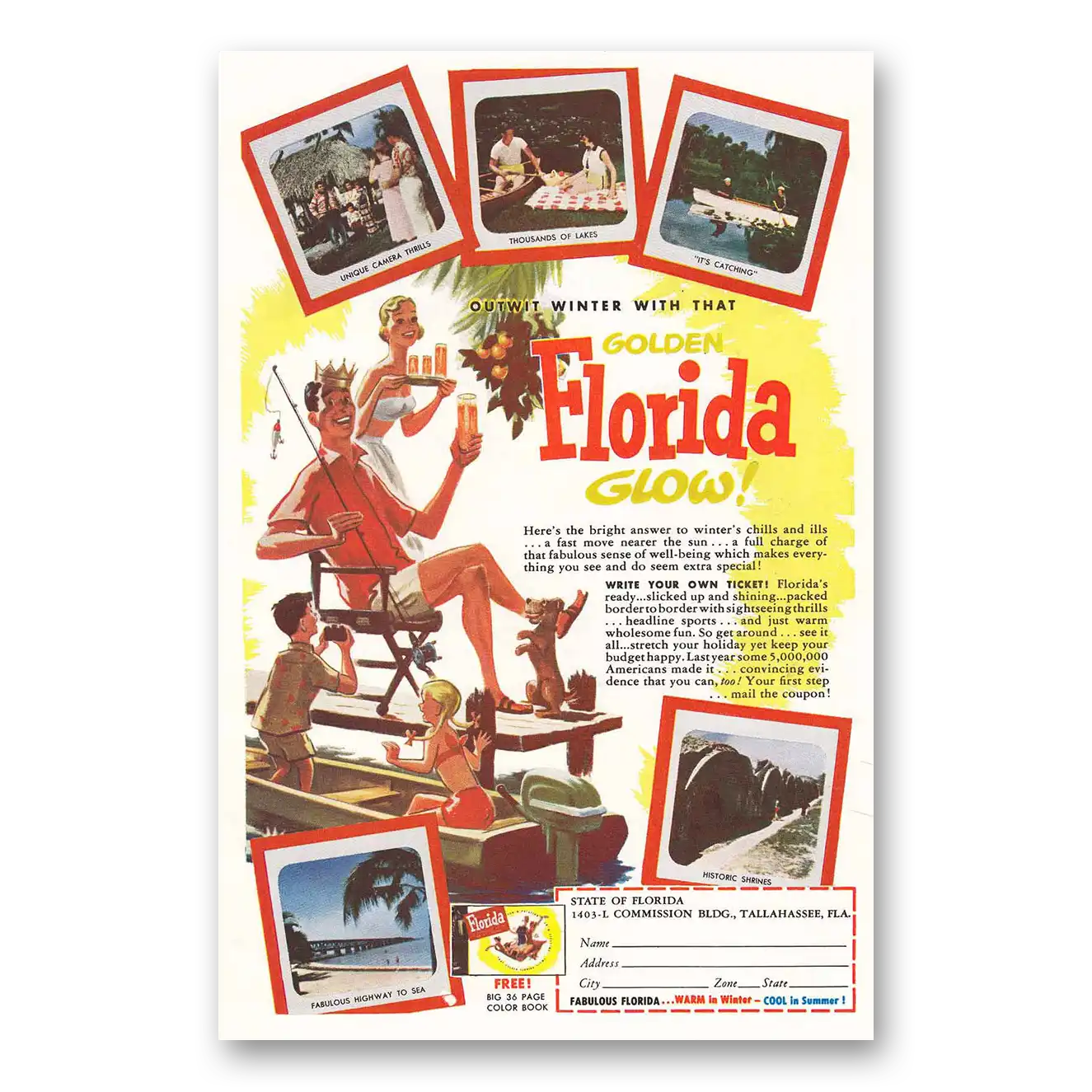 1955 Florida Outwit Winter with that Golden Florida Vintage Magazine Print Ad