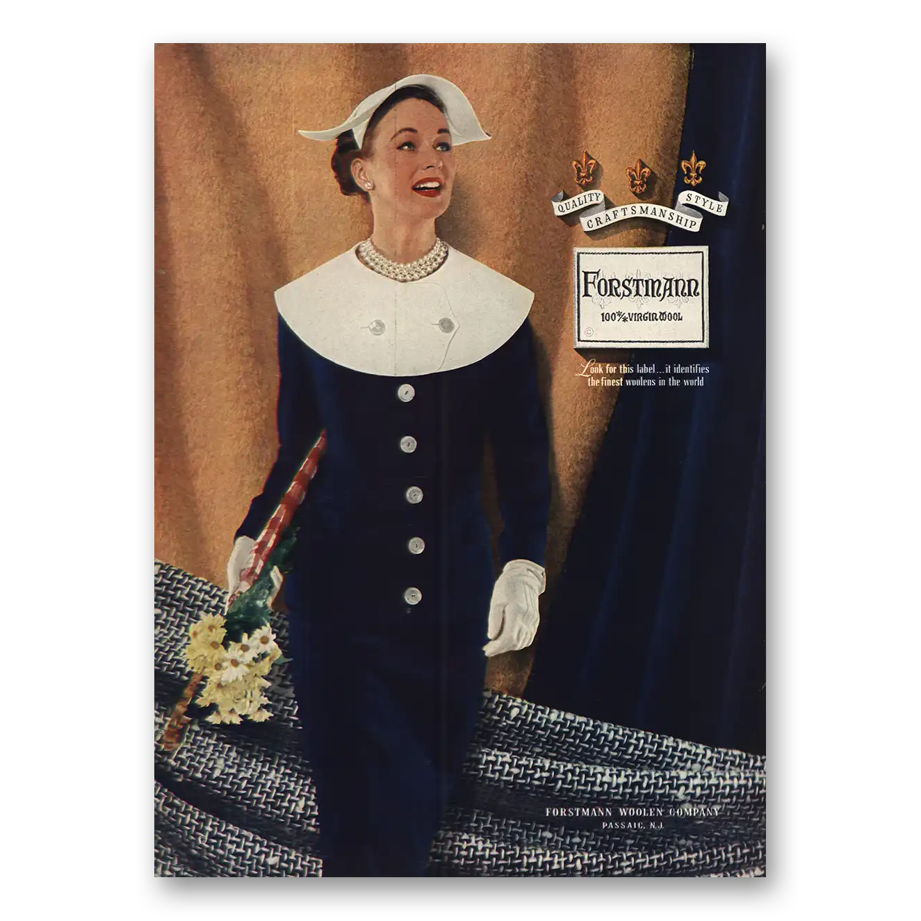 1955 Forstmann Wool Navy White Dress Vintage Magazine Print Ad