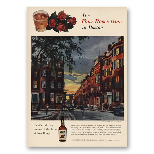 1955 Four Roses Time In Boston Vintage Magazine Print Ad