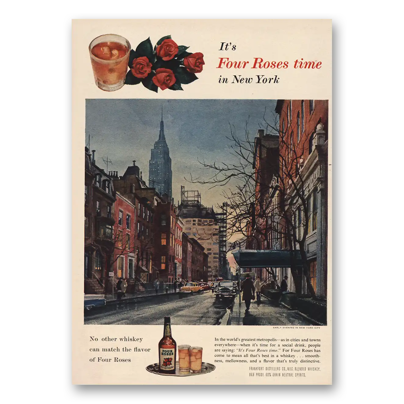 1955 Four Roses New York Vintage Magazine Print Ad