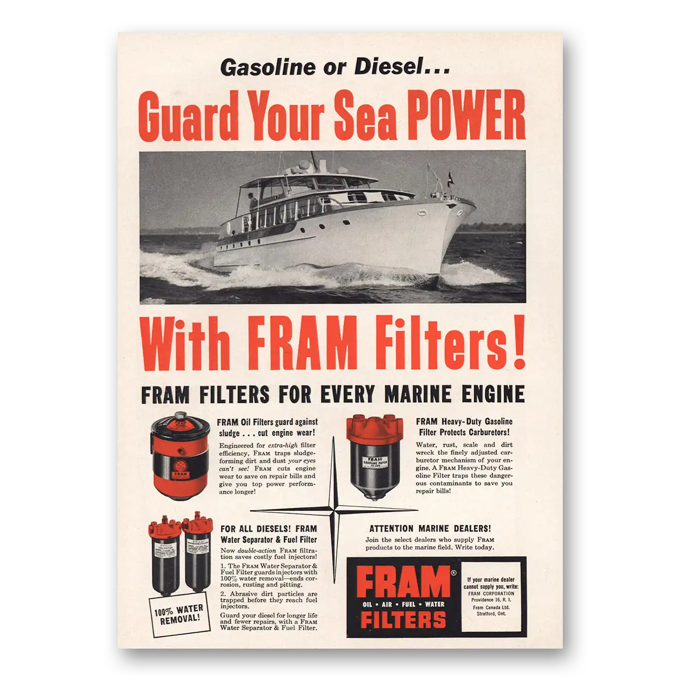 1955 Fram Oil Filters Guard Your Sea Power Vintage Magazine Print Ad