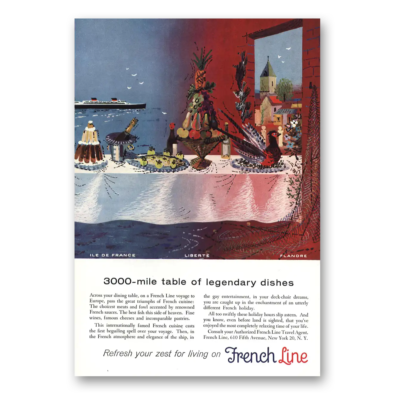 1955 French Line Table of Legendary Dishes Vintage Magazine Print Ad