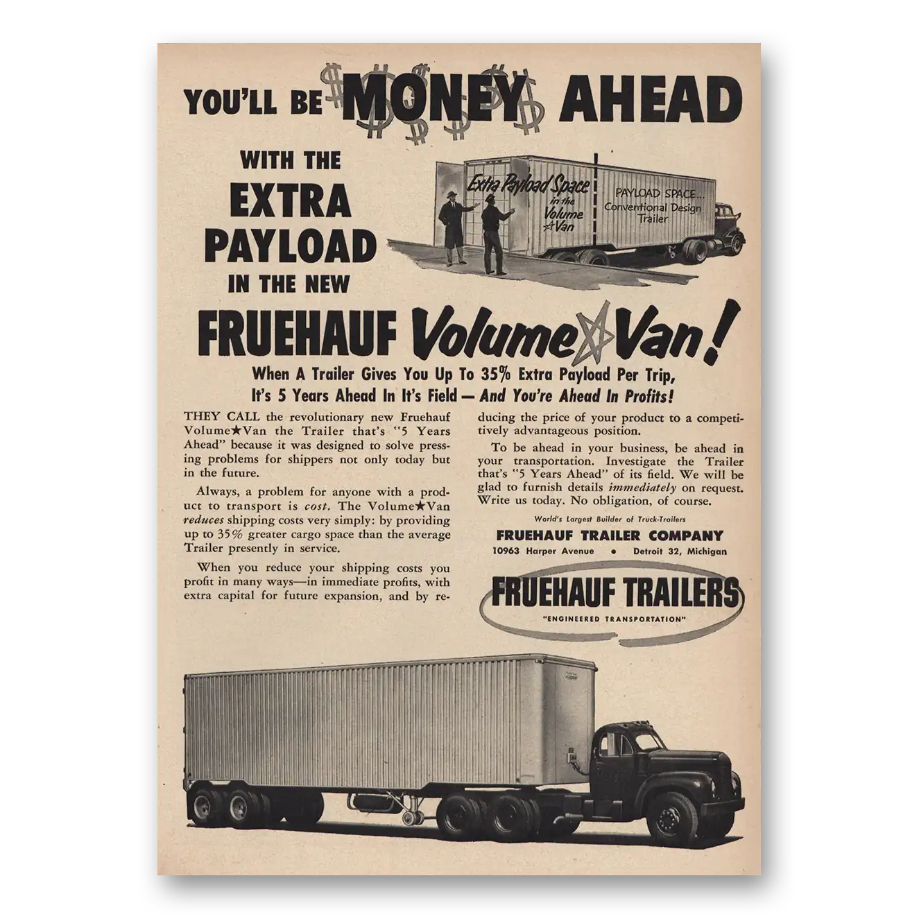 1955 Fruehauf Trailer Volume Van Vintage Magazine Print Ad