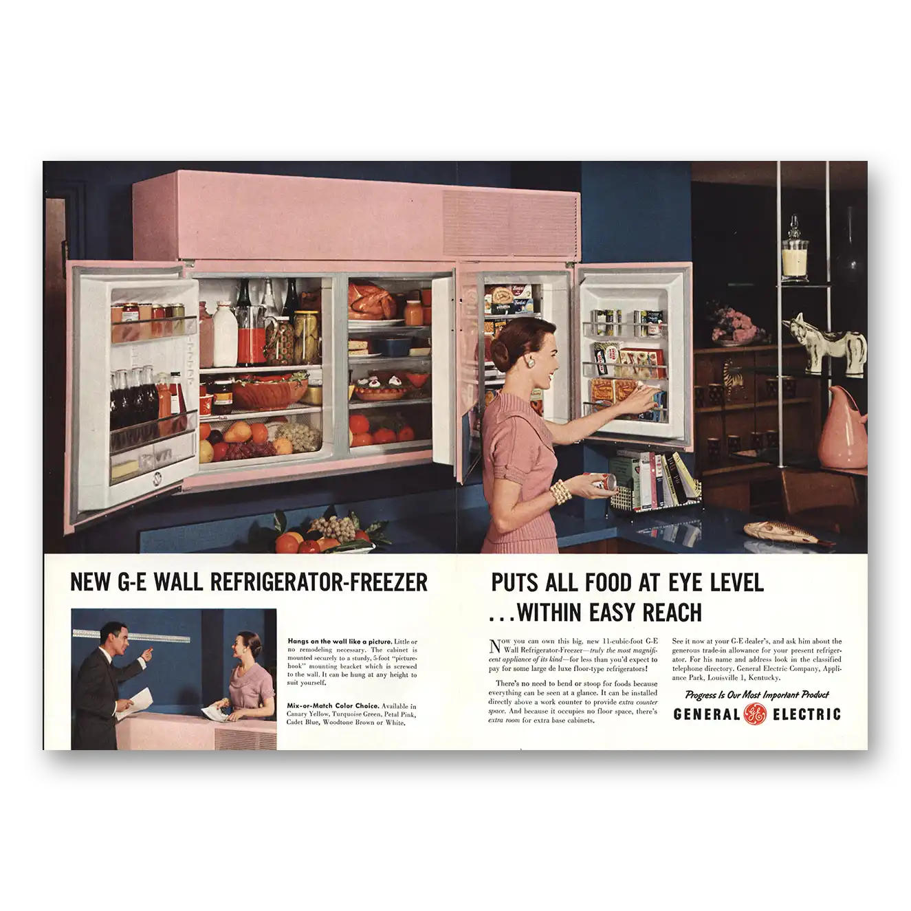 1955 General Electric Refrigerator Wall Refrigerator Freezer Food at Eye Level Vintage Magazine Print Ad